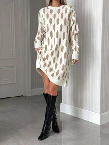 SHEIN Tall Tall Size Elegant Winter Gold Lurex Shining Jacquard Mini Sweater Dress,Dresses For Women,Jumpers For Women Leopard Print Cheetah Print - Apricot - View 4