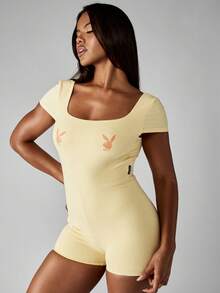 Missguided x Playboy Square Neck Retro Style Unitard Playsuit Short Sleeve Bodysuit Bunny Logo Print Backless Romper Summer Festival Party Y2K Streetwear - Yellow - View 1