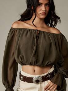 MISSGUIDED Áo crop top trễ vai tay dài kiểu nông dân voan mỏng nhẹ nhún bèo Boho lễ hội mùa hè bãi biển thường ngày tiệc tối Bardot - Màu xanh Ô liu - Xem 3