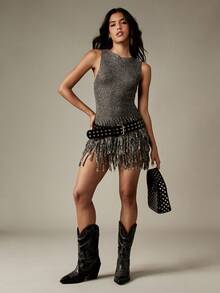 MISSGUIDED 女士金属色无袖迷你连衣裙，流苏下摆，适合派对、晚宴、特殊场合、节日、新年夜等，尽显奢华魅力。 - 黑色 - 查看 4