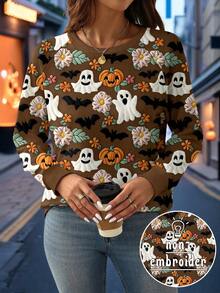 EMERY ROSE Plus Size Halloween Ghost Pumpkin Bat Print Raglan Long Sleeve Sweatshirt Fall Cloth For Women Winter Autumn - Multicolor - View 1