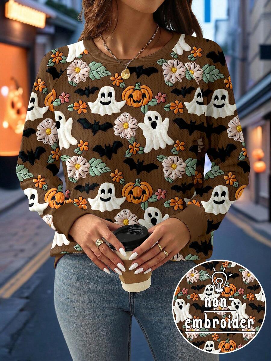 EMERY ROSE Plus Size Halloween Ghost Pumpkin Bat Print Raglan Long Sleeve Sweatshirt Fall Cloth For Women Winter Autumn - Multicolor - View 1