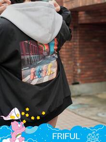 FRIFUL SHEIN X Care Bears 女士休闲时尚街头卡通熊印花落肩宽松夹克 - 黑色 - 查看 7