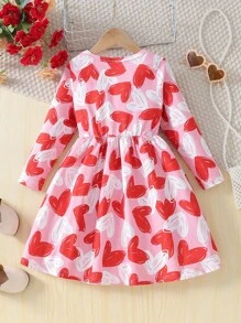 1pc Girls' Fashion Heart Print Round Neck Long Sleeve A-Line Elastic Waist Fitted Dress, Suitable For Valentine's Day Party, Spring/Autumn - Pink - View 2