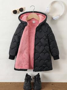 SHEIN Genkimix Kids 女童拉链连帽毛绒衬里棉衣 女童外套 儿童女童外套 儿童女童冬季夹克 儿童黑色外套