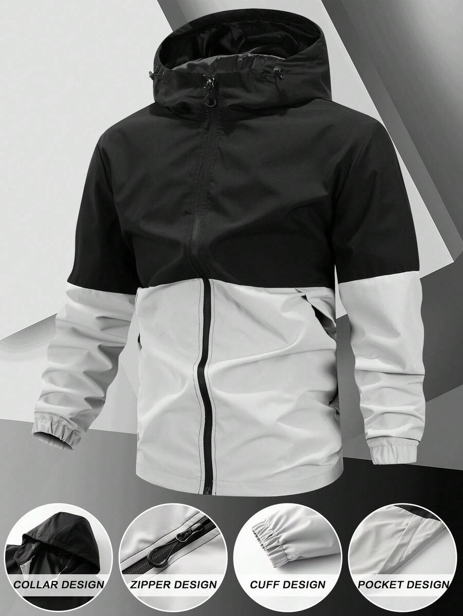 Manfinity Homme Men's Black & Grey Contrast Hooded Zip-Up Jacket, Casual, Black And White Jacket, Men's Hooded Jacket, Men's Windbreaker Jacket