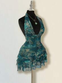 SHEIN ICON 女式不对称下摆佩斯利印花露背迷你连衣裙，性感前卫 - 彩色 - 查看 7