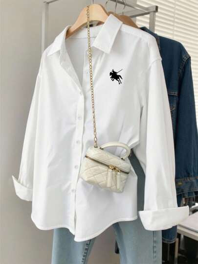 INAWLY Plus Size Women's Casual/Office Commute Loose Fit Embroidered Horse Motif Drop Shoulder Long Sleeve Shirt, Spring/Autumn Fall Cloth For Women