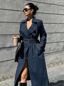 DAZY 女式秋季翻领收腰牛仔长款夹克 - 藍色 - 查看 5