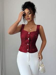 Elenzga Áo cánh vải jacquard cổ tim cài nút phía trước dành cho nữ mùa hè - Đỏ - Xem 5