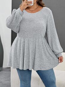 SHEIN CURVE+ Große Größen Lässig einfarbiges Laternenhülse T-Shirt, Herbst/Winter Kleidung für Frauen, CURVE PLUS - Grau - Übersicht 3