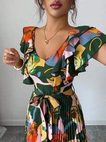 Elenzga Vestido elegante y romántico para mujer con cuello en V, estampado digital, volantes en la cintura y corte evasé, estilo vacacional - Multicolor - Ver 5