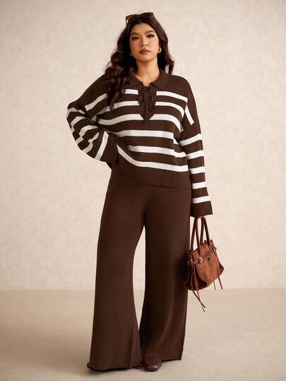 Elaquor Plus Size Casual Colorblock Striped Sweater And Knit Pants Set, Autumn/Winter Fall