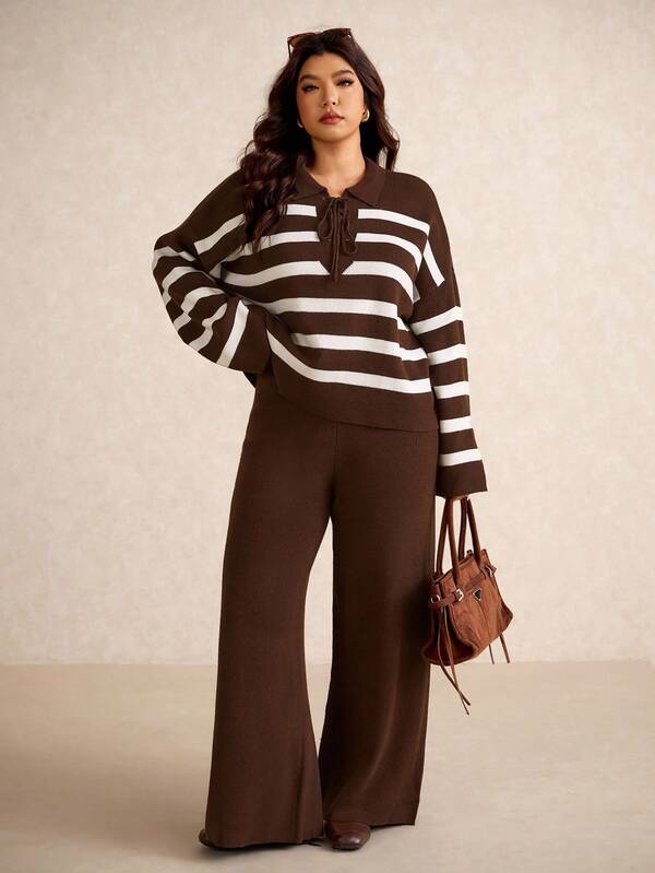 Elaquor Plus Size Casual Colorblock Striped Sweater And Knit Pants Set, Autumn/Winter Fall