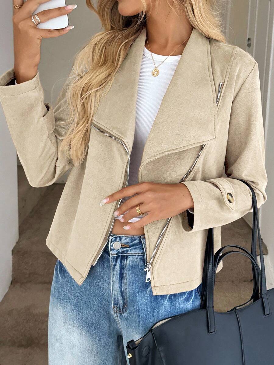 Easowa Women's Solid Color Long Sleeve Zip-Up Casual Motorcycle Jacket, Autumn,Fall - Apricot - View 1