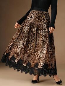 Anewsta 大码女式豹纹雪纺优雅蕾丝拼接高腰半身裙，适合教师返校穿着 - 彩色 - 查看 4