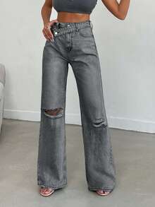 EURMUSE Casual Washed Distressed High Waist Wide Leg Jeans - Grey - View 6