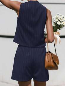 INAWLY 女士时尚休闲优雅浪漫条纹吊带背心和短裤两件套 - 藏蓝色 - 查看 4
