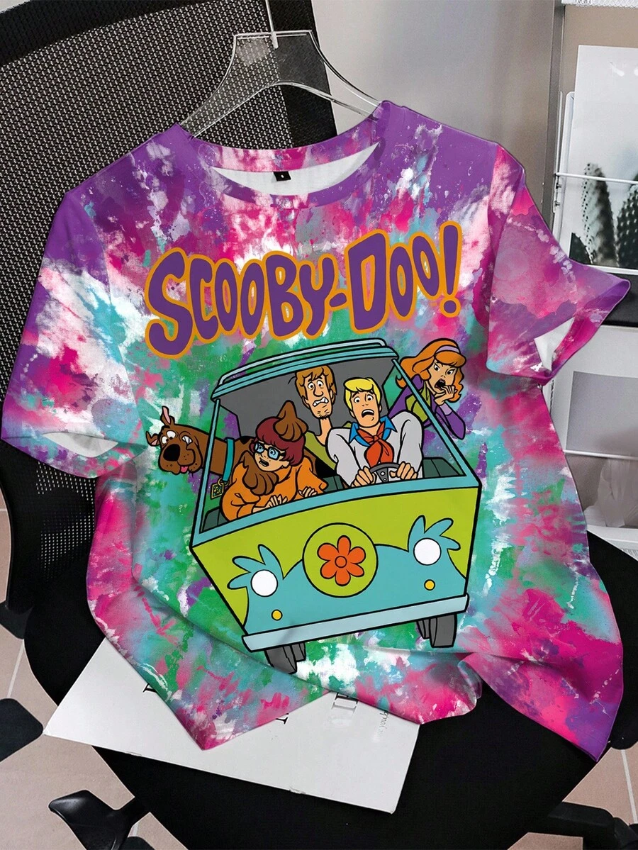 SCOOBY-DOO X SHEIN Camiseta de mujer de manga corta con cuello redondo con estampado de teñido anudado y de dibujos animados - Blanco - Ver 1