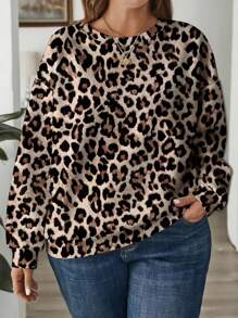 EMERY ROSE Casual Leopard Print Plus Size Loose Fit Off-Shoulder Sweatshirt For Women, Plus Size, Autumn/Winter,Fall Clothes For Women Leopard Top Women Winter Top Women Long Sleeve Top Leopard Print Sweatshirt Animal Print Sweatshirt - Multicolor - View 7
