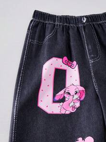 SHEIN Explorewe Pantalon large à imprimé slogan de dessin animé en couleur contrastée pour préadolescentes - Noir - Voir 7