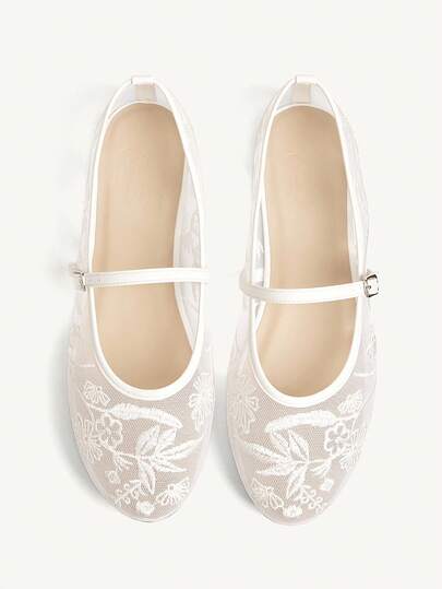 CUCCOO CHICEST Damskor med blommig broderi och spets, rund tå, platta, eleganta, söta, romantiska, bekväma, vita nätskor, brudtärneskor, Mary Jane-skor, lämpliga för eftermiddagste, dejter, fester, bröllop, Halloween, Lolita, jul, Thanksgiving, födelsedagar