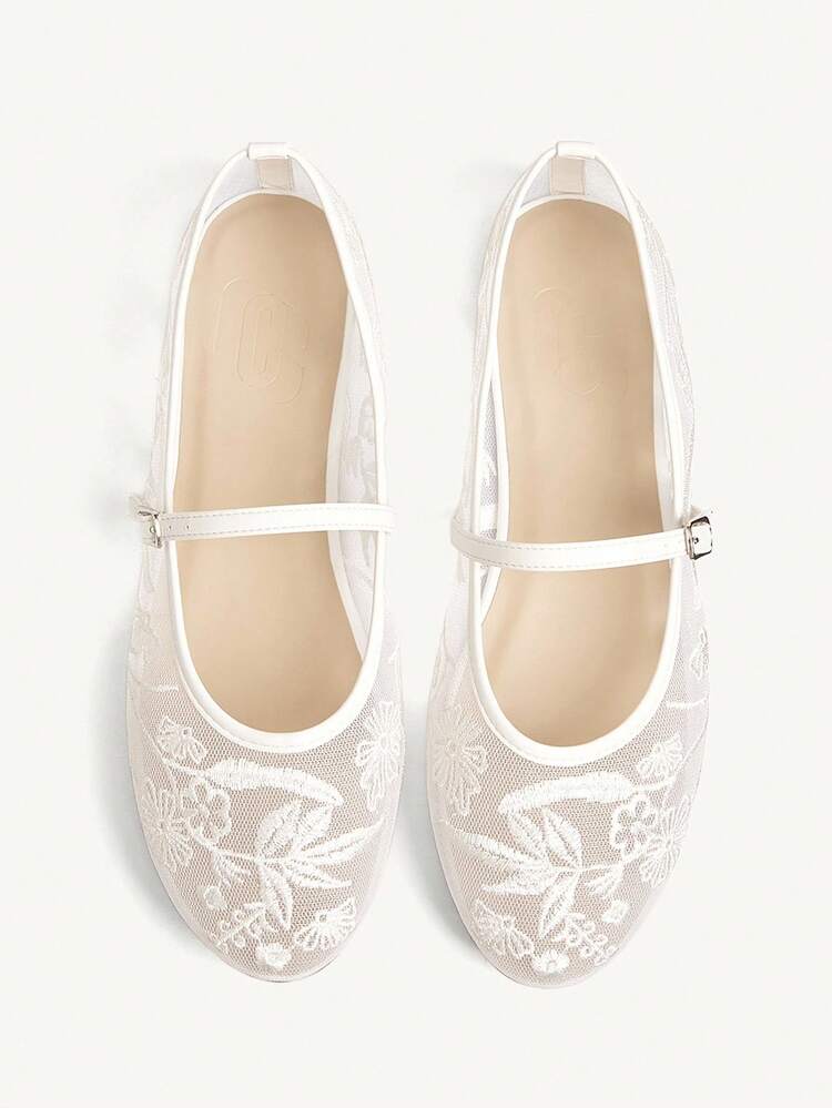 CUCCOO CHICEST Women's Floral Embroidered Lace Round Toe Flat Elegant Sweet Romantic Comfortable White Mesh Dress Shoes, Bridesmaid Shoes, Mary Jane Shoes, Suitable For Afternoon Tea, Dates, Parties, Weddings, Halloween, Lolita, Christmas, Thanksgiving, Birthdays Elegant Shoes Wedding Shoes Summer Shoes Bride Shoes