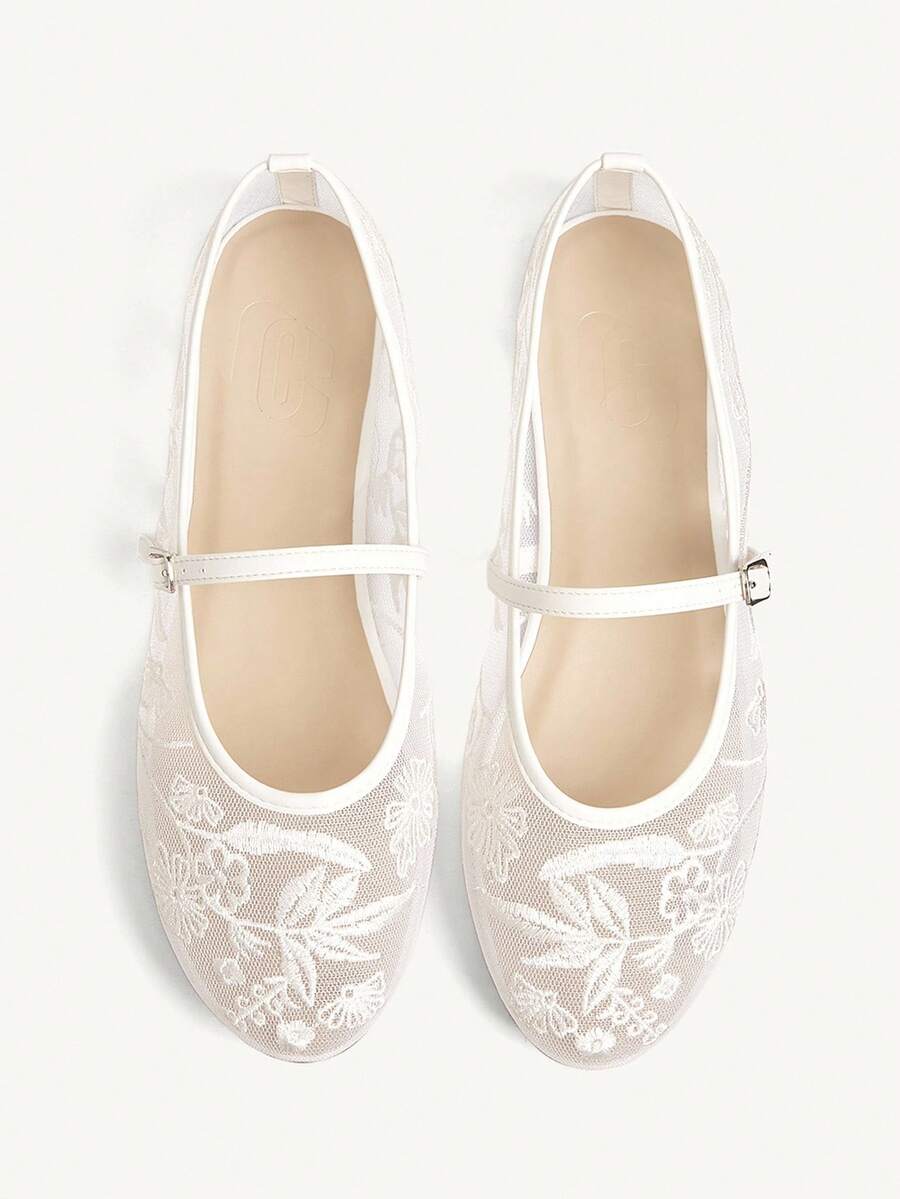 CUCCOO CHICEST Women's Floral Embroidered Lace Round Toe Flat Elegant Sweet Romantic Comfortable White Mesh Dress Shoes, Bridesmaid Shoes, Mary Jane Shoes, Suitable For Afternoon Tea, Dates, Parties, Weddings, Halloween, Lolita, Christmas, Thanksgiving, Birthdays - White - View 1