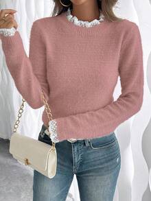 EMERY ROSE Fashionable & Sweet Lace Collar 3D Soft Faux Fur Pullover Sweater, Versatile For Autumn/Winter Fall Cloth For Women Women Pullover Cozy Sweater Women Sweater Fuzzy Sweater Lace Long Sleeve Sweater - Dusty Pink - View 5