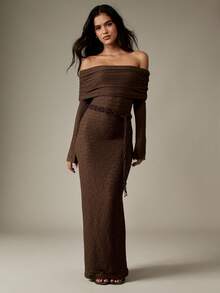 MISSGUIDED Off Shoulder Ruched Bodycon Evening Gown Long Sleeve Textured Knit Form Fitting Floor Length Special Occasion Winter Fall Dress - Brown - View 4