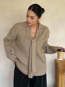 Dazy Plus Áo len chui đầu cổ chữ V thắt nơ phía trước dáng rộng cỡ lớn dành cho nữ, thu/đông - Màu Khaki - Xem 8