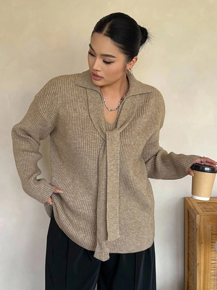 Dazy Plus Ribbed V-Neck Tie Front Loose Plus Size Women Casual Pullover Sweater, Autumn/Winter