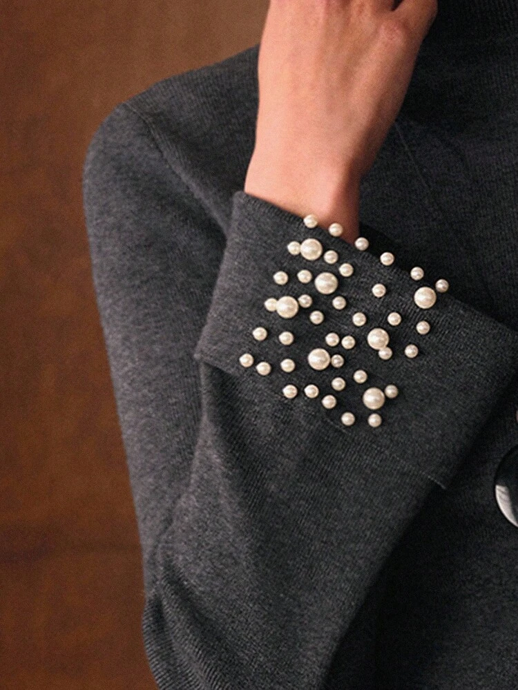 2PCS ELEGANT KNIT SET: FITTED SWEATER WITH FAUX PEARL CUFF DECOR, WIDE LEG KNIT PANTS, AUTUMN/WINTER