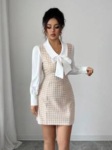 Elenzga Contrast Color Fabric Patchwork Bow Decor 2 In 1 Elegant Romantic Women Dress Fall Cloth For Women - Multicolor - View 4