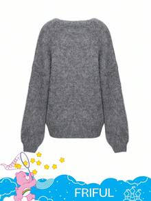 FRIFUL SHEIN X Care Bears 女式 V 领宽松纽扣前开衫，秋冬 - 灰色 - 查看 14