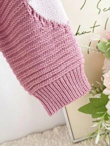 SHEIN Suéter corto de cuello redondo con contraste de corazones en rosa y blanco, estilo lindo y juguetón, versátil y grueso, adecuado para uso diario casual, escuela, salidas y talla grande, para niñas - Multicolor - Ver 4
