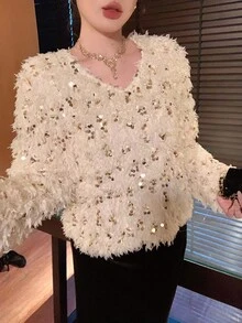 DAZY 亮片装饰宽松长袖上衣，独特设计，适合秋冬季 - 杏色 - 查看 4