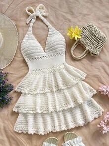 Soleia Women's 3-Layer Ruffled Sexy Knit Mini Dress, Romantic Pink V-Neck Halter Tie Bow Waist Layered Ruffle Hem Design, Suitable For Vacation, Party, Date, Can Be Worn Alone Or As Layering In Fall/Winter