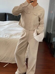 Livesso Conjunto de chaqueta holgada casual y jeans de pierna ancha para mujer, otoño