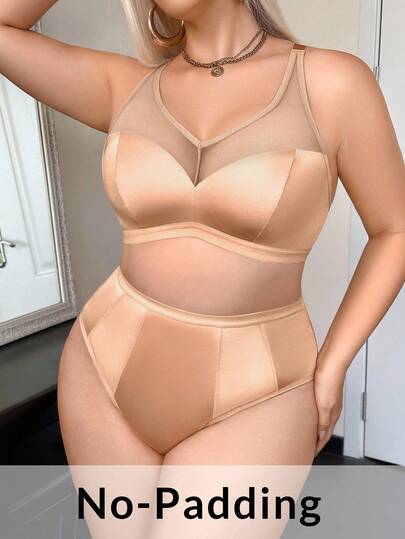 2PCS Khaki Plus Size Mesh Bra And Panty Set With Sheer Casual-Comfy Design Lingerie Set Two Piece High Waisted Lingerie Set Tummy Control Lingerie Set Sheer Lingerie Set