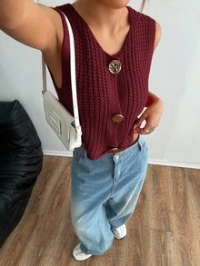 Flirla 女士时尚百搭简约金属单排扣休闲针织背心 - 紅色 - 查看 4