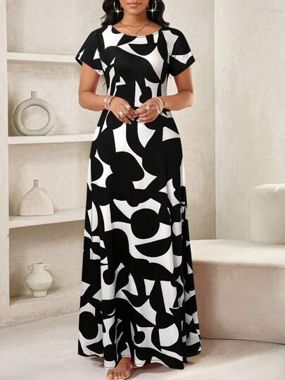 SHEIN Lady Vestido elegante de mujer con cuello redondo y manga corta con estampado geométrico