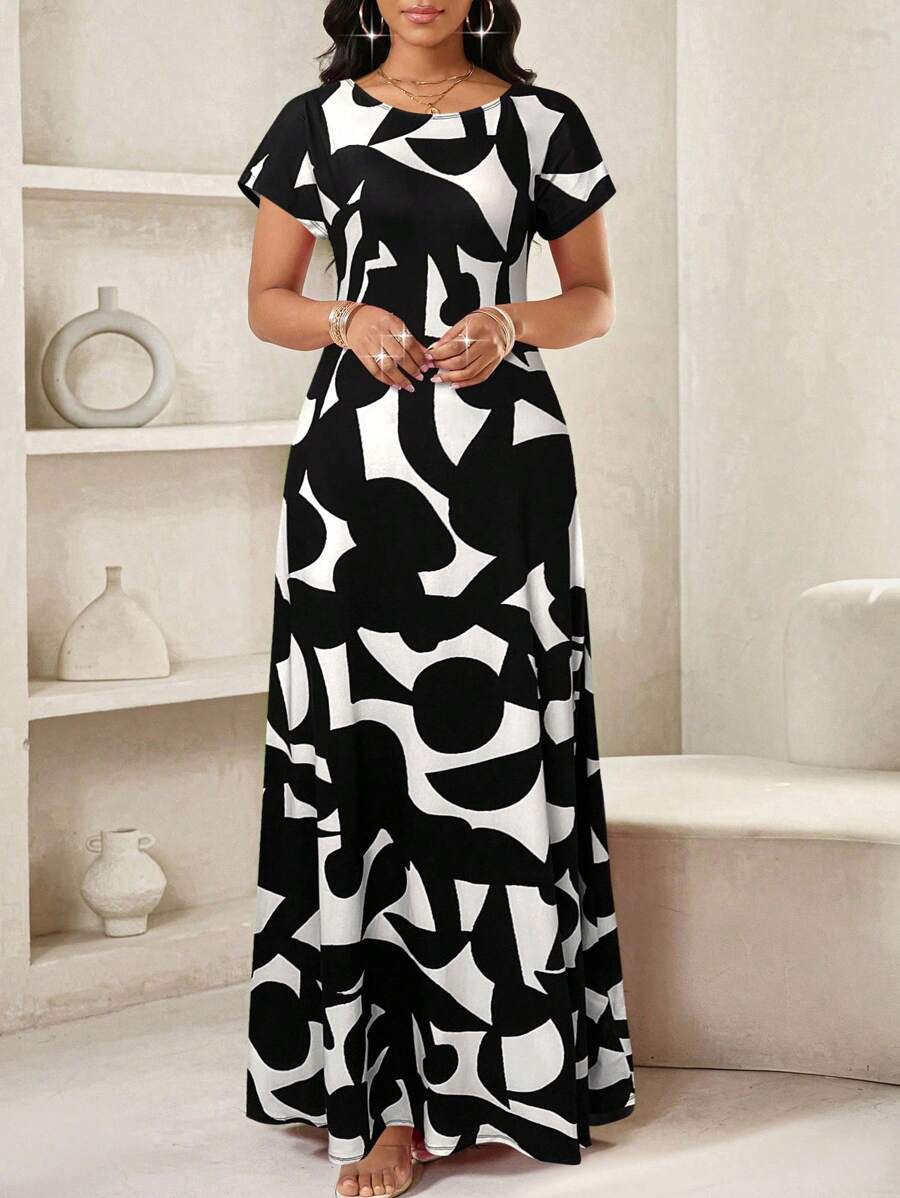 SHEIN Lady Women's Geometric Print Round Neck Short Sleeve Elegant Dress - Multicolor - View 1