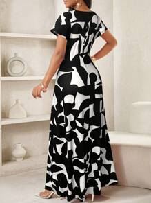 SHEIN Lady Women's Geometric Print Round Neck Short Sleeve Elegant Dress - Multicolor - View 2