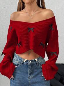 EURMUSE Maglione corto casual con scollo a V, decorato con fiocco - Rosso - Visualizzare 3