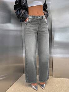 EURMUSE 100% 纯棉低腰直筒剪裁深灰色 Y2K 风格女式牛仔裤 - 灰色 - 查看 4