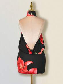 SHEIN ICON Váy hở lưng cổ yếm in hoa - Đỏ và đen - Xem 2