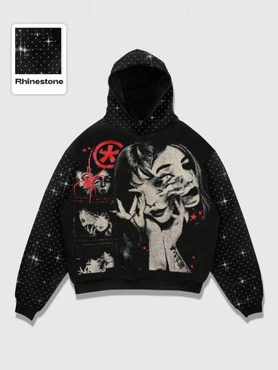 Anime Unisex Cross Graphic Rhinestone Punk Street Style Long Sleeve Hoodie, Autumn/Winter