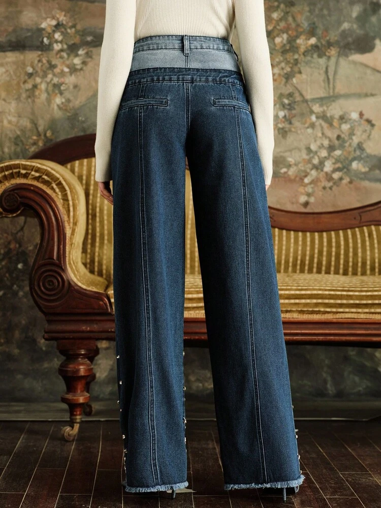 Patchwork Beaded Blue Denim Jeans For Women, Suitable For Street Style, Autumn, Fall, Winter, Going Out, Elegant, Formal, Party, Chic, New Year, Christmas, Work, Graduation, Wedding