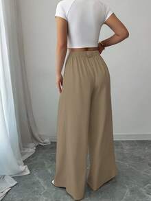 SHEIN PETITE Fashionable Versatile Solid Color Wide Leg Pants Fall Cloth For Women - Khaki - View 2